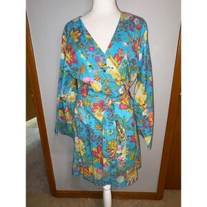 Plum Pretty Sugar Bright Floral Wrap Robe Turquoise Blue Cotton Kimono Sleeve